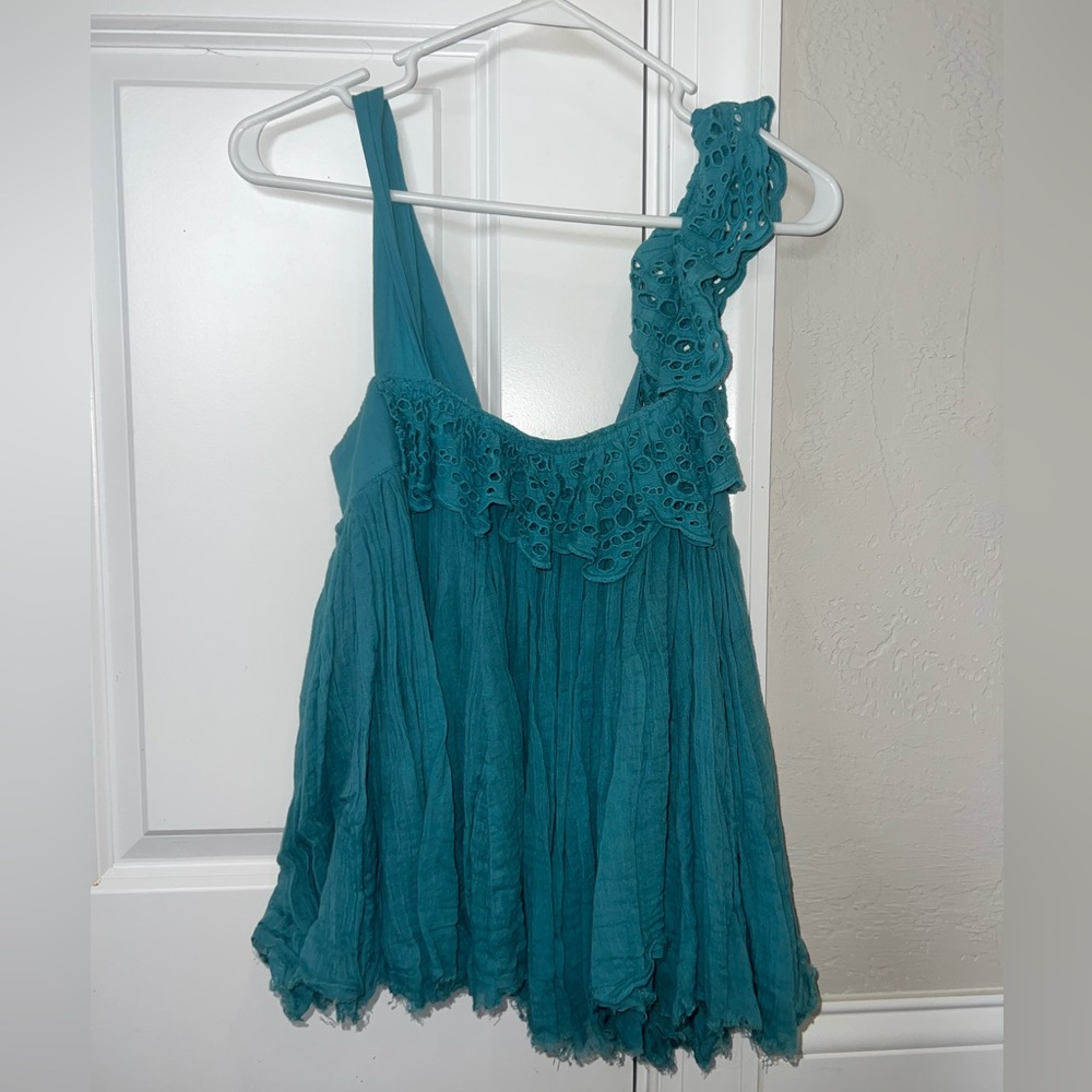 Free People Teal One-Shoulder Ruffle Tank Top